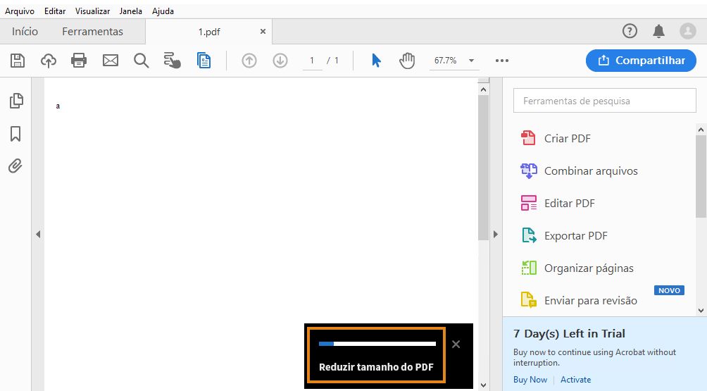 A barra de progresso quando um único PDF é otimizado
