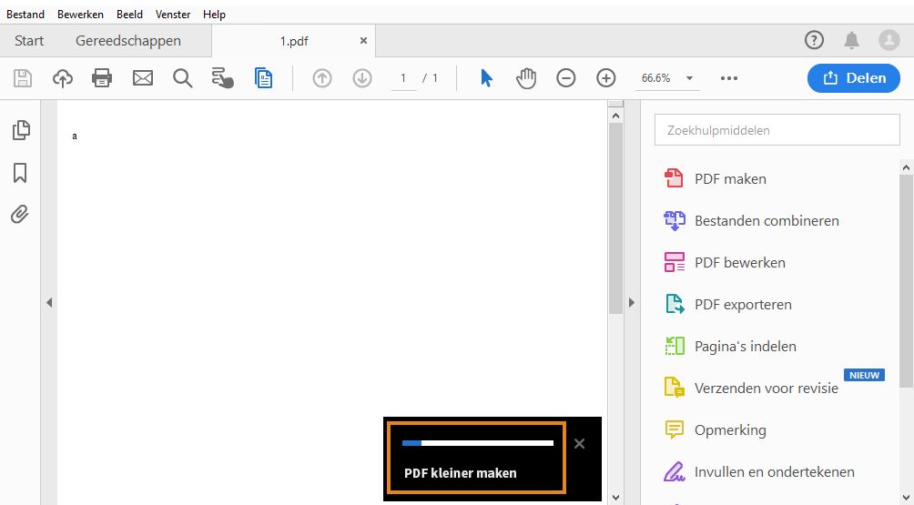 De voortgangsbalk wanneer één PDF wordt geoptimaliseerd