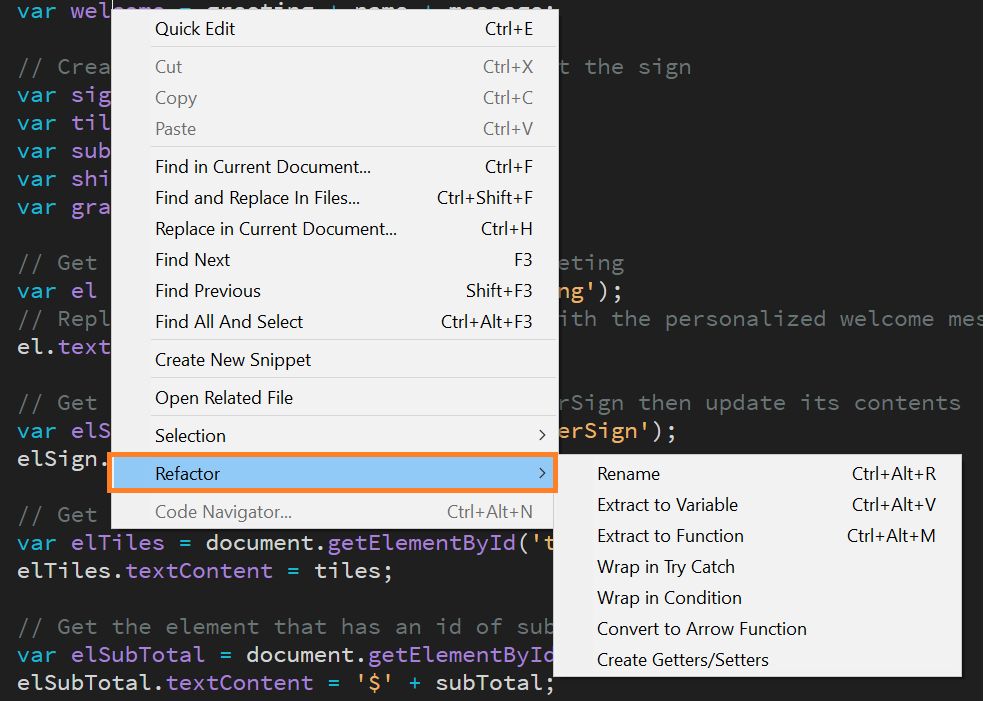 خيارات إعادة بناء التعليمات البرمجية بلغة JavaScript