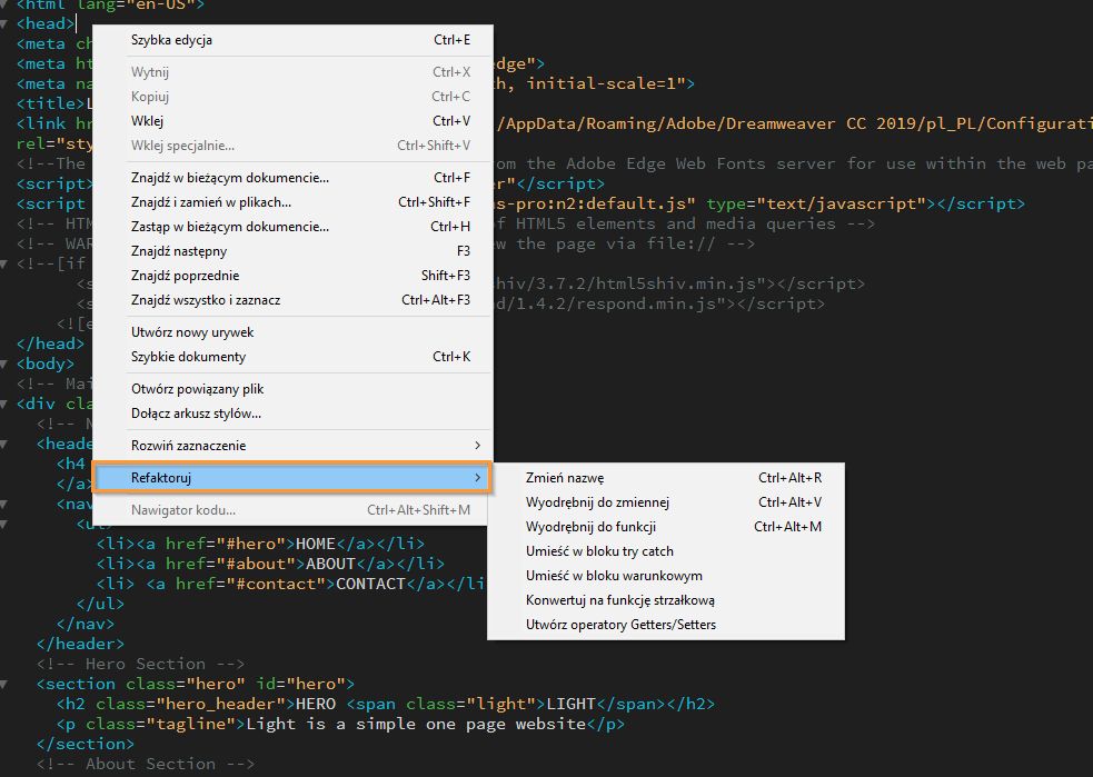 Opcje refaktoryzacji kodu JavaScript