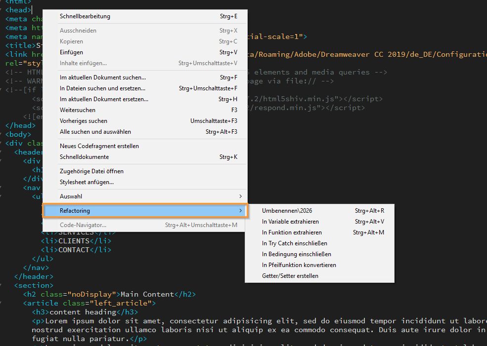 Optionen für das JavaScript Refactoring
