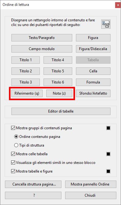 Riferimento e Nota nello strumento Ordine di lettura