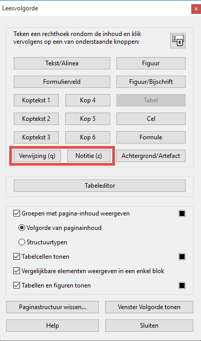 De opties Verwijzing en Opmerking in het gereedschap Leesvolgorde