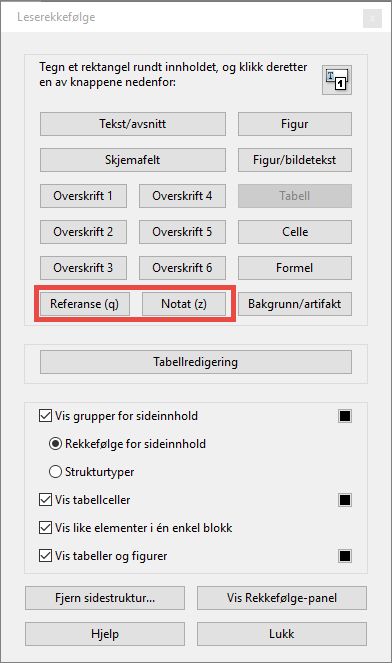 Referanse og Notater i verktøyet for leserekkefølge