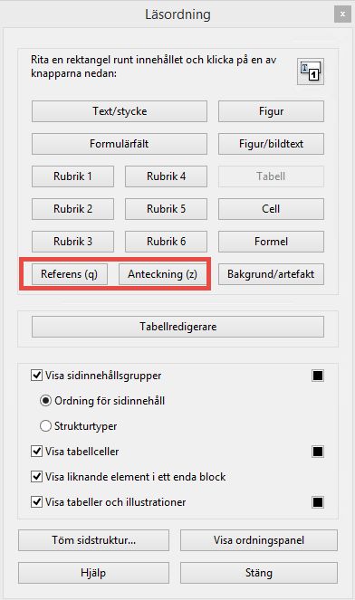 Referens och anteckningar i Läsordning