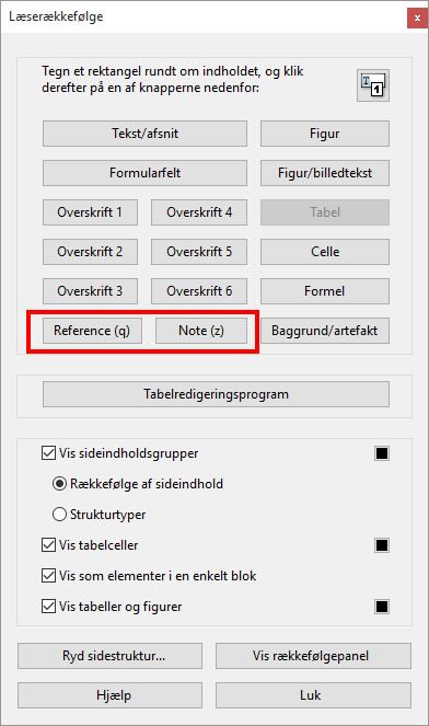 Reference og Noter i værktøjet Læserækkefølge