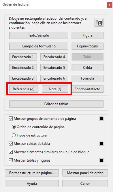 Referencia y notas en la herramienta Orden de lectura