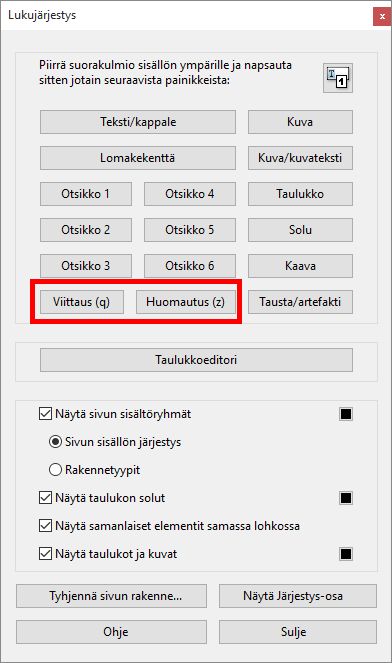 Viittaukset ja huomautukset Lukemisjärjestys-työkalussa