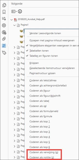 De opties Verwijzing en Opmerking in het venster Volgorde