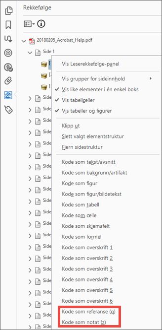 Referanse og Notater i Rekkefølge-panelet