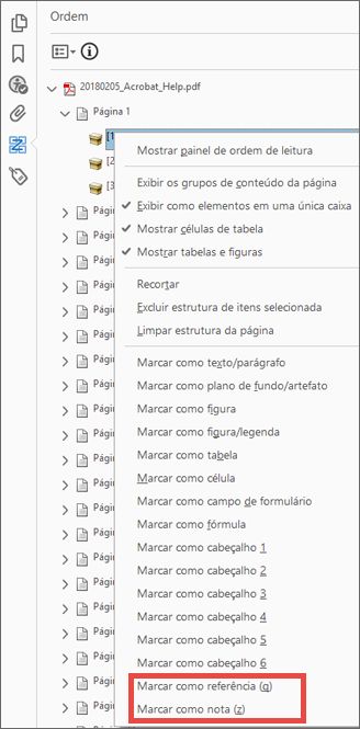 Referências e Notas no painel Ordem