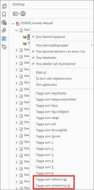 Referens och anteckningar i panelen Ordning