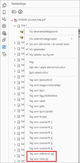Reference og Noter i panelet Rækkefølge