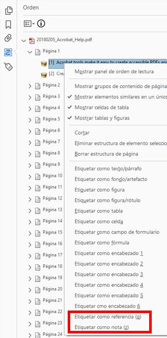 Referencia y notas en el panel Orden