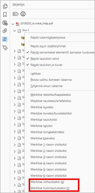 Viittaukset ja huomautukset Järjestys-paneelissa