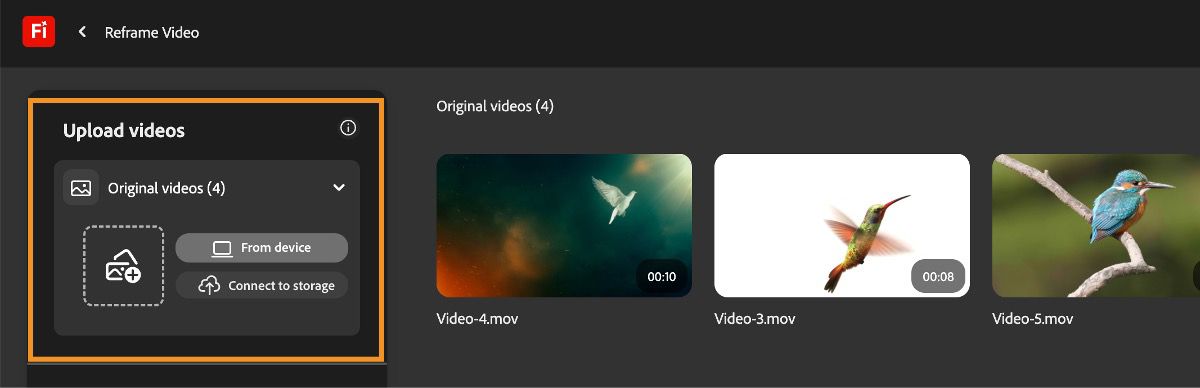 Seleziona l'opzione Dal dispositivo per caricare i video dal dispositivo locale oppure scegli Connetti all'archiviazione per caricarli direttamente dall'archiviazione cloud, ad esempio Dropbox o AEM.