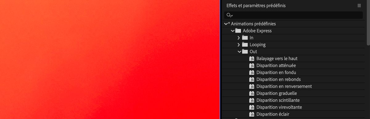 Le panneau Effets et paramètres prédéfinis s’ouvre et répertorie toutes les animations prédéfinies disponibles dans After Effects, y compris celles qui viennent d’être actualisées.