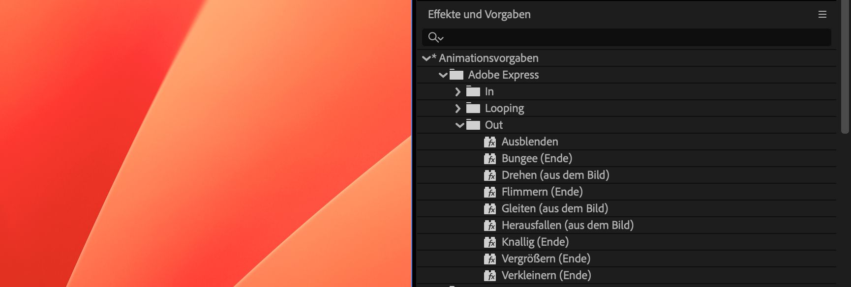 Das Bedienfeld „Effekte und Vorgaben“ ist geöffnet und zeigt eine Liste aller in After Effects verfügbaren Animationsvorgaben an, einschließlich der neu aktualisierten.