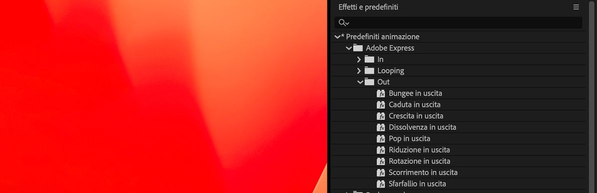 Il pannello Effetti e predefiniti è aperto ed elenca tutti i predefiniti di animazione disponibili in After Effects, inclusi quelli appena aggiornati.