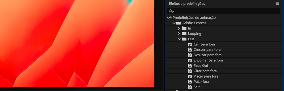 O painel Efeitos e Predefinições está aberto e lista todas as predefinições de animação disponíveis no After Effects, inclusive as mais recentes.