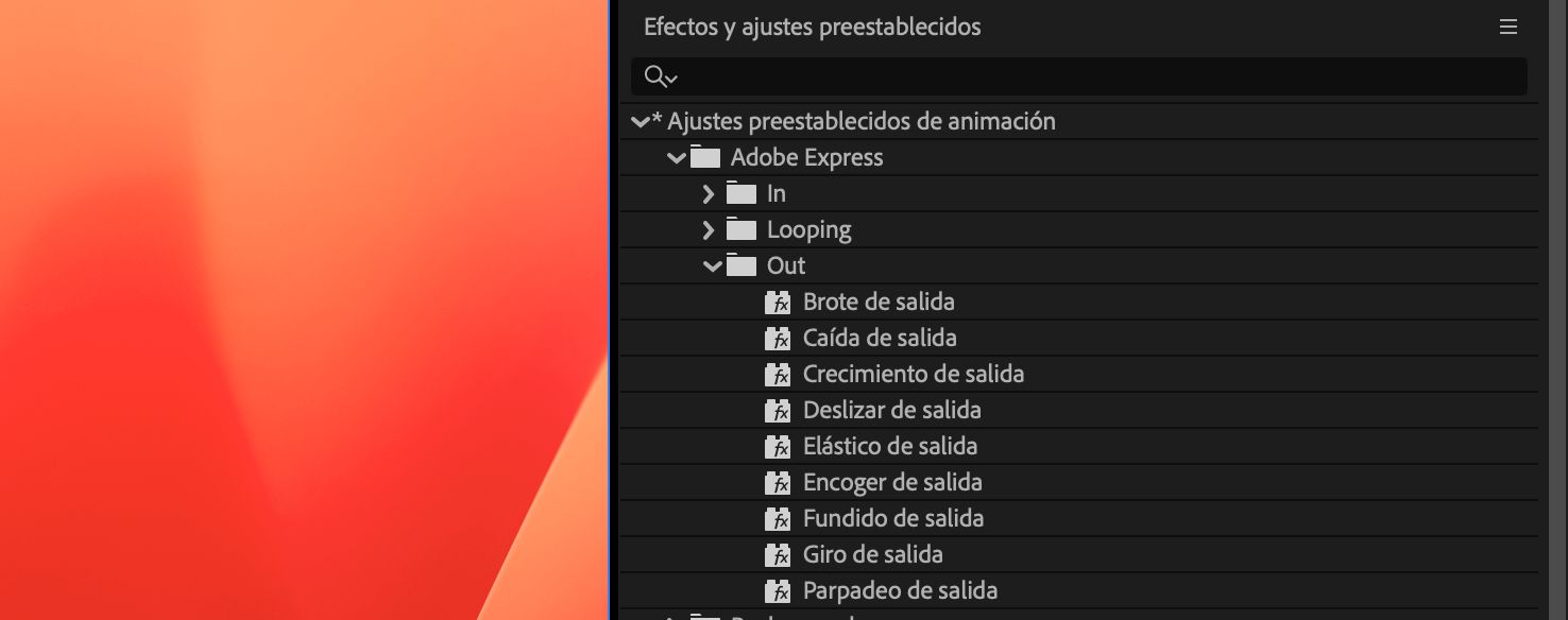 El panel Efectos y ajustes preestablecidos está abierto y muestra una lista de todos los ajustes preestablecidos de animación disponibles en After Effects, incluidos los que se han actualizado recientemente.