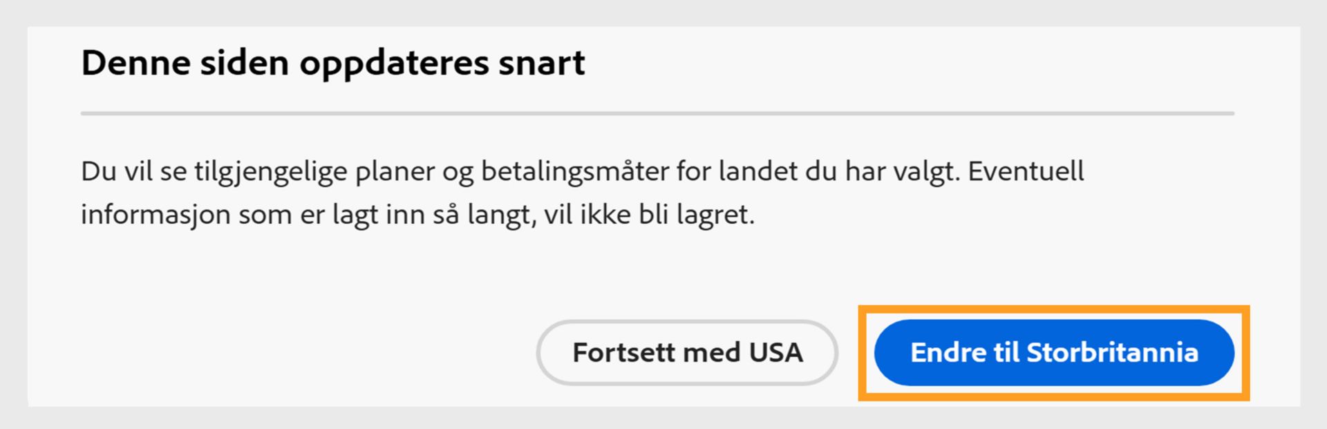 Siden er i ferd med å oppdateres og viser alternativer for å fortsette med gjeldende land eller bytte til et nytt land. 