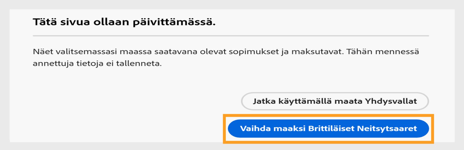 This page is about to refresh (Sivu on päivittymässä) -kehote, jossa on vaihtoehtoina jatkaminen nykyisessä maassa tai vaihtaminen uuteen maahan. 