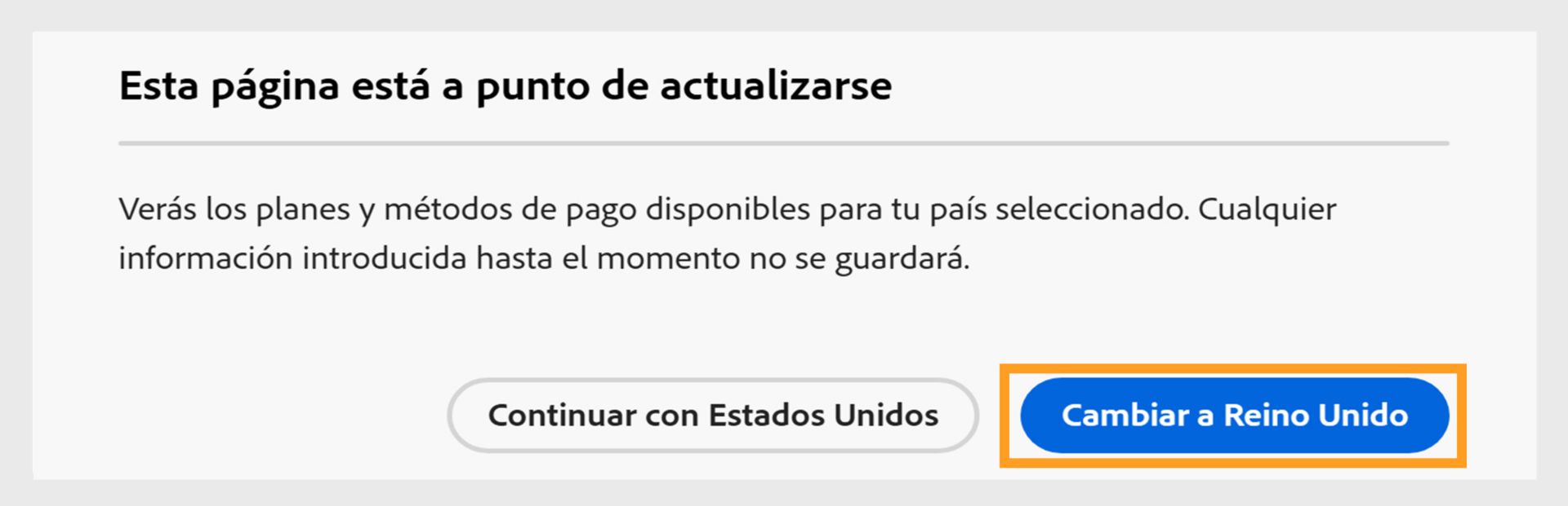 La página está a punto de actualizarse y mostrar opciones para continuar con el país actual o cambiar al nuevo país. 