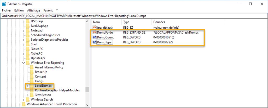 Clé de vidages locaux