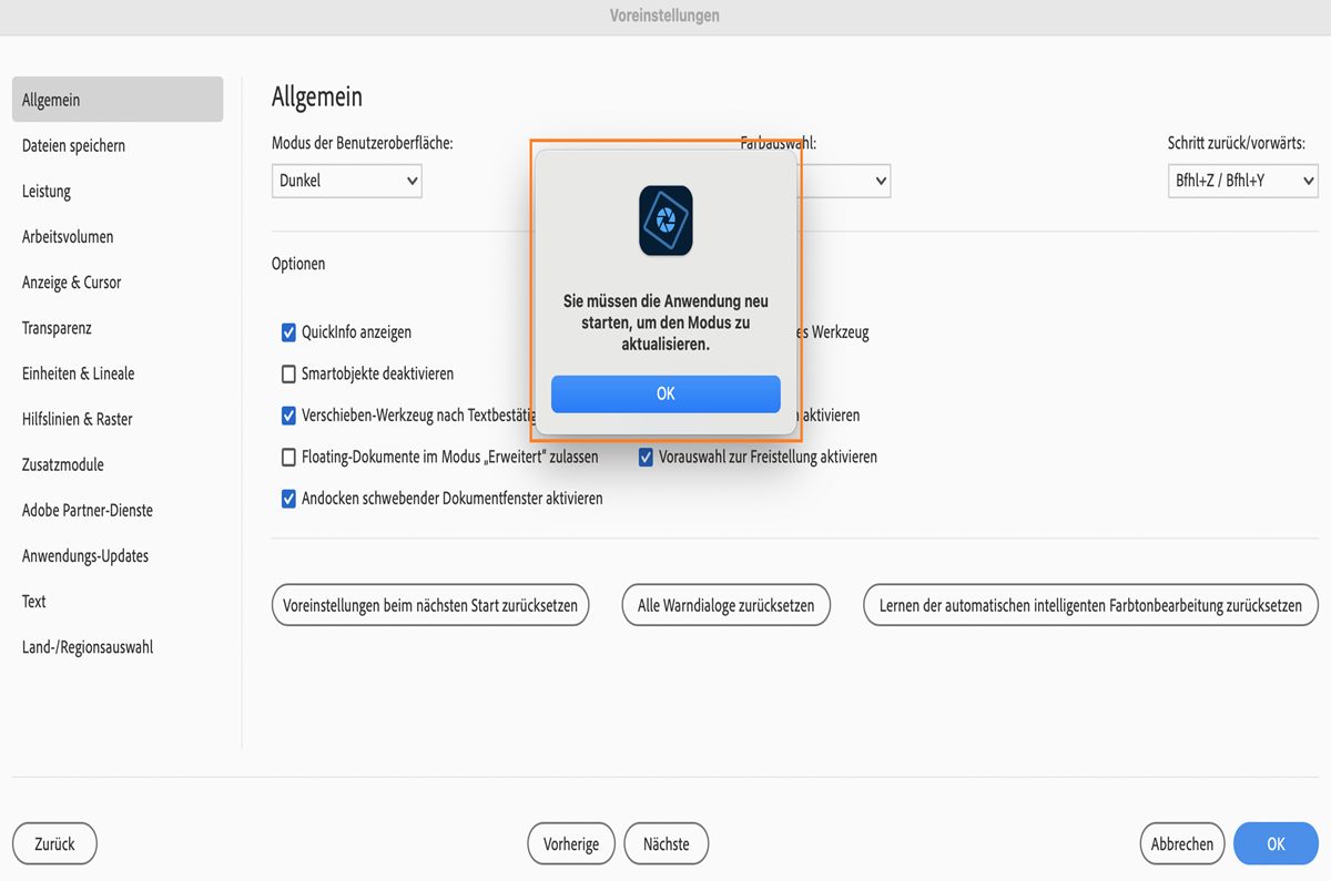 Adobe Photoshop Elements-Dialogfeld, das Nutzende zum Neustart der Anwendung auffordert.