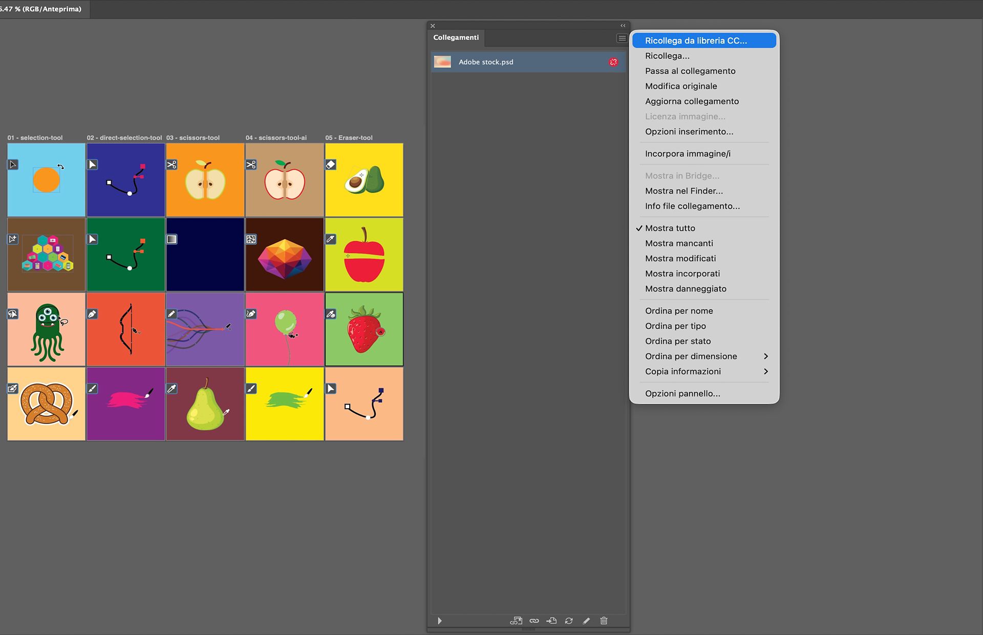 Pannello Collegamenti di Illustrator che mostra un'immagine collegata selezionata e il menu del pannello con le opzioni di ricollegamento visualizzate.