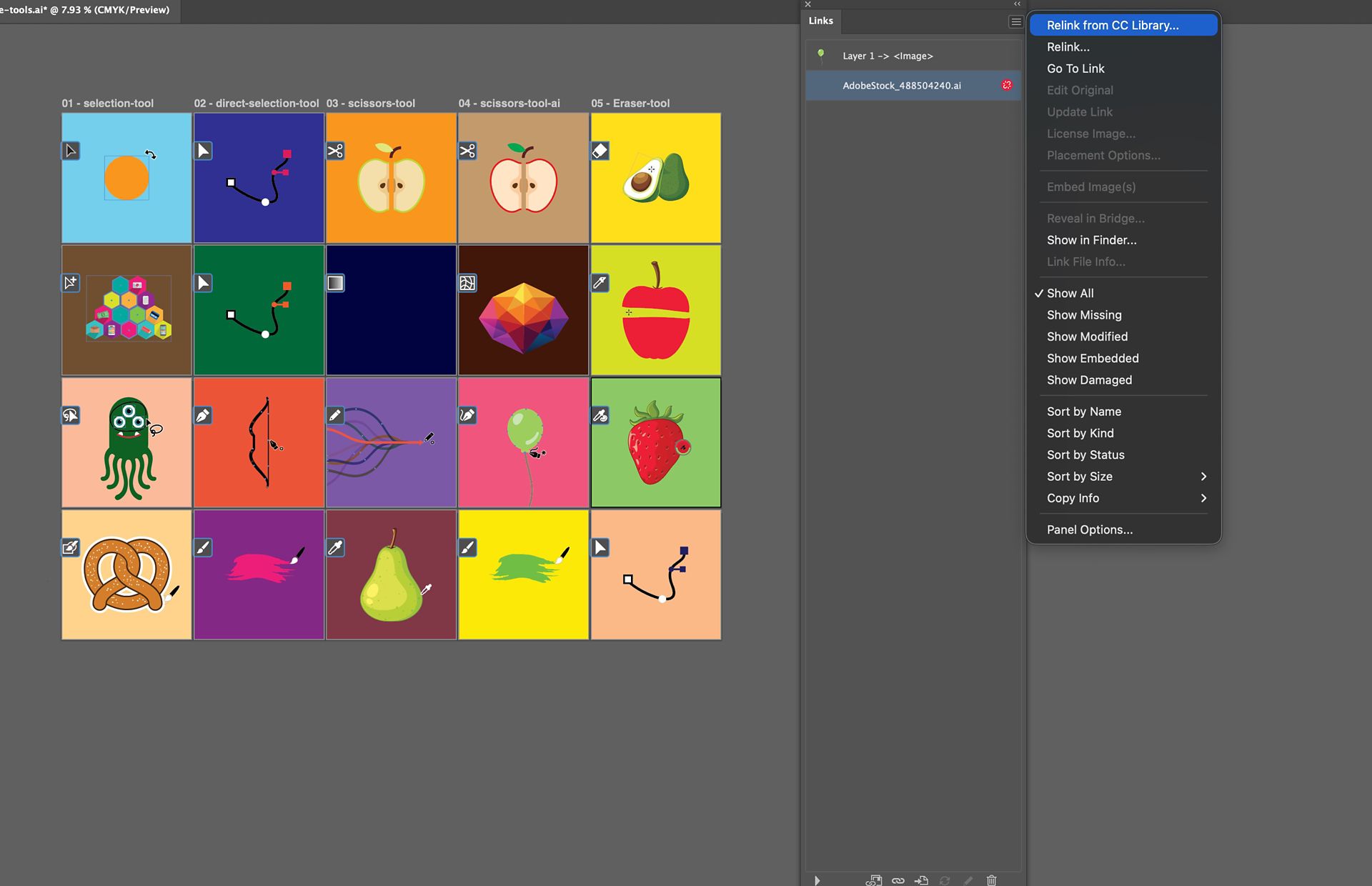 Illustrator Links panel showing a linked image selected and the panel menu with relinking options displayed.