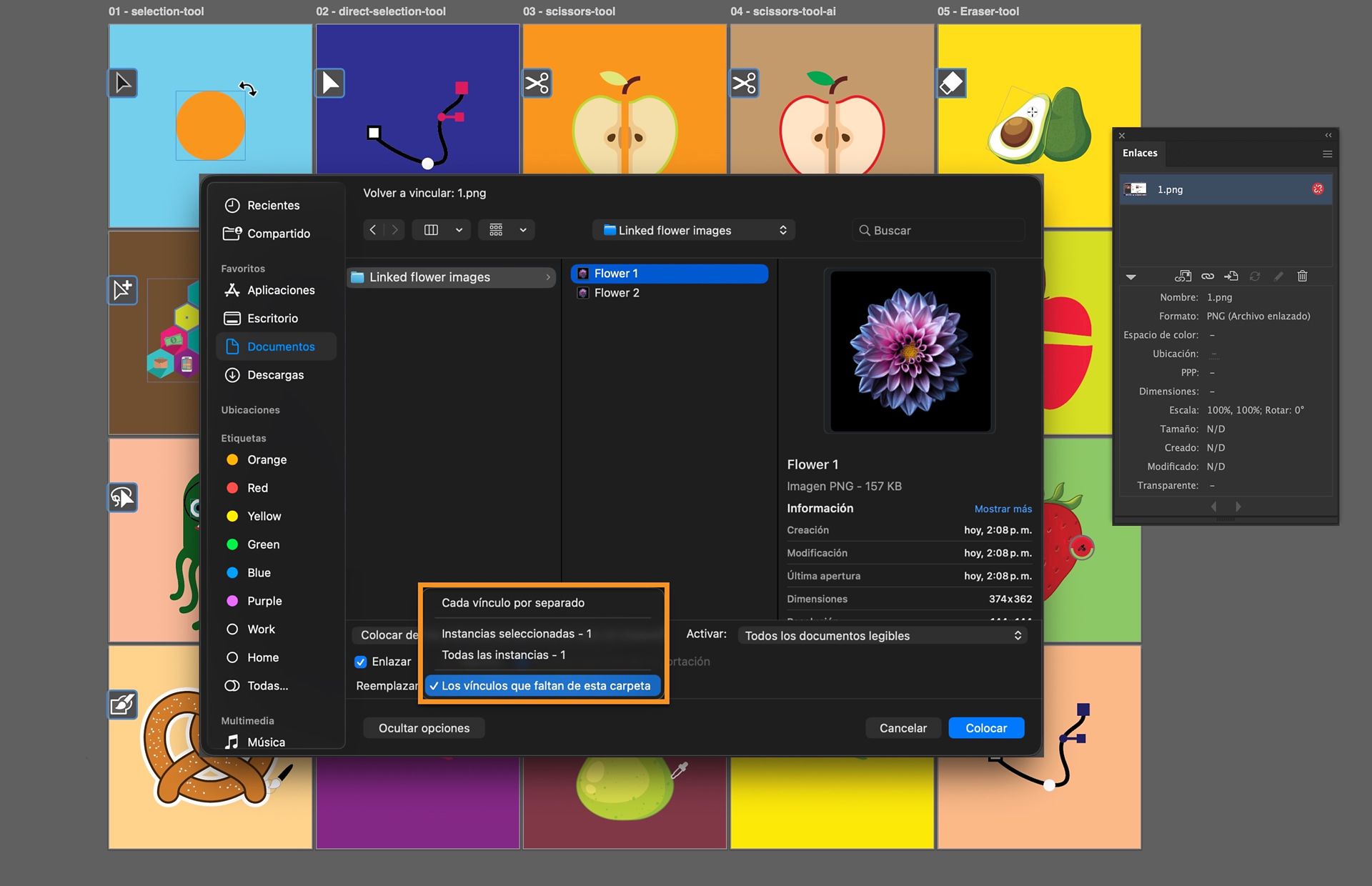 Cuadro de diálogo Volver a vincular con el menú Reemplazar que muestra las opciones para volver a vincular archivos que faltan.