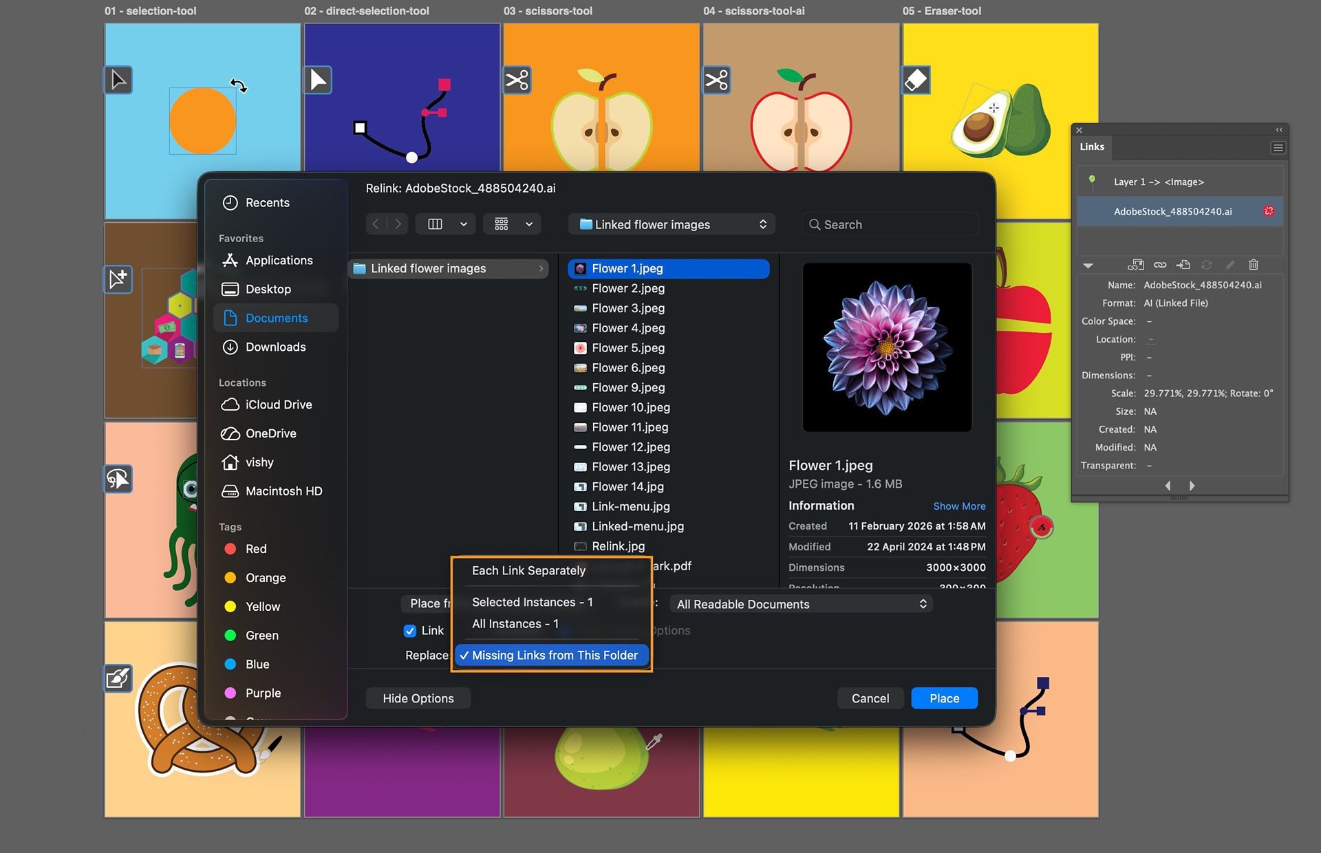 Relink dialog with the Replace menu showing options for relinking missing files.