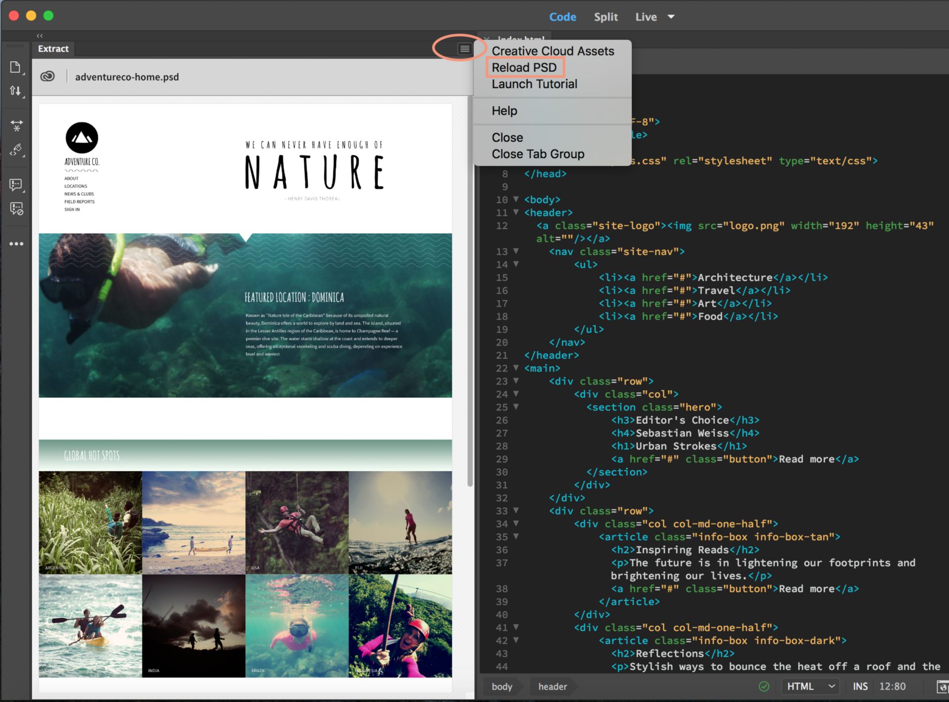 خيار Reload PSD في لوحة Extract