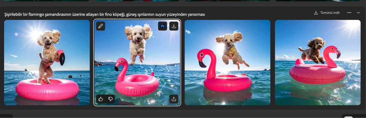 Oluşturulan görüntü çeşitlemeleri artık kullanılabilir ve biri seçilidir. Görüntüyü daha fazla düzenleyebilir, indirebilir veya sık kullanılanlarınıza ekleyebilirsiniz.