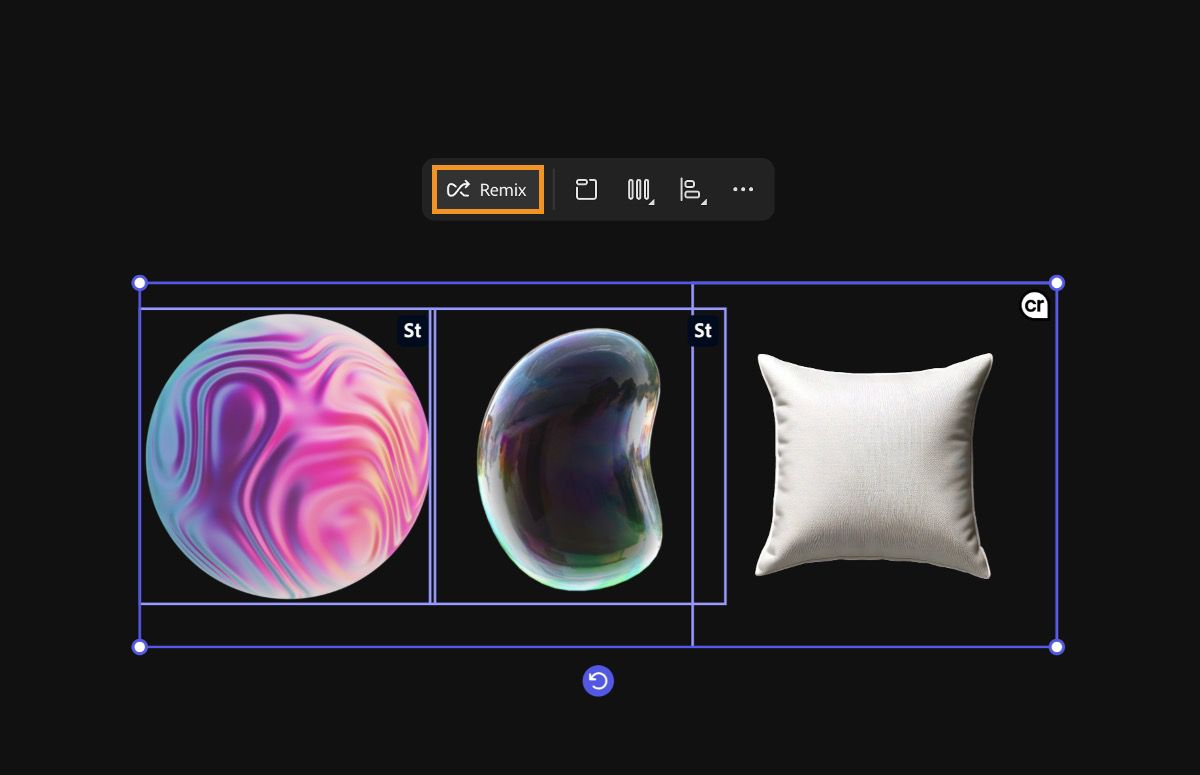 The images are selected in the canvas, and there is an option to remix and generate a new set of image variations.