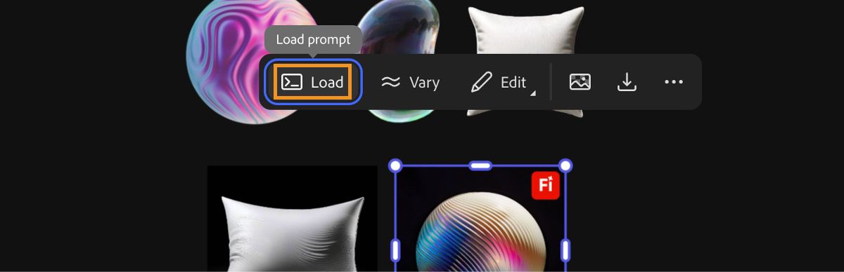 One of the remixed images is selected on the board, and the option to load the prompt used for its generation is highlighted.