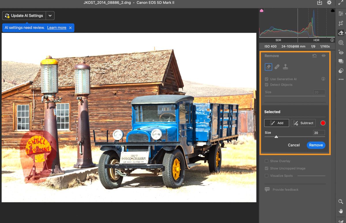 the Detect objects tool in Lightroom is highlighted. The knife is selected using the Detect objects tool.