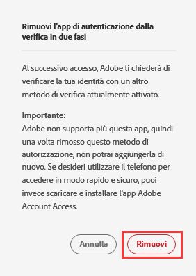 Rimozione di Adobe Authenticator