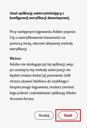 Usuń aplikację Adobe Authenticator