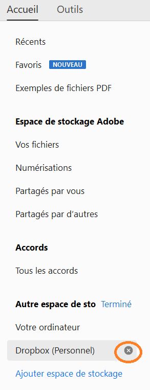 Options Croix et Terminé pour supprimer un compte