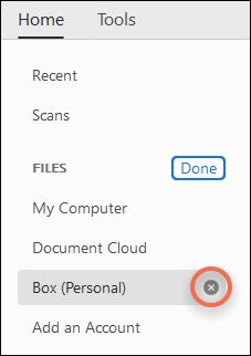 האפשרויות Cross ו- Done להסרת חשבון