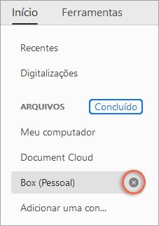 Opções de Cruz e Concluído para remover uma conta