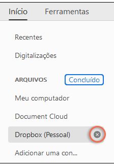 Opções de Cruz e Concluído para remover uma conta