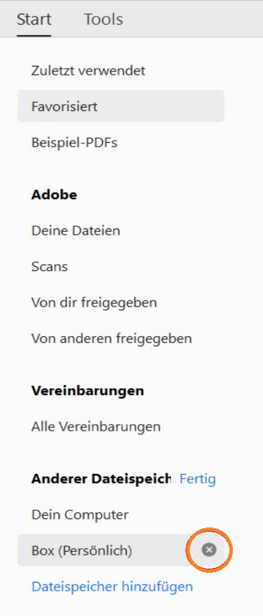 Kreuz und Option „Fertig“ für das Entfernen eines Kontos