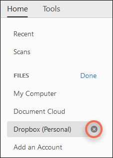האפשרויות Cross ו- Done להסרת חשבון
