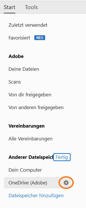 Kreuz und Option „Fertig“ für das Entfernen eines Kontos
