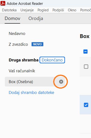 Ikona s križcem in gumb Končano za odstranitev računa