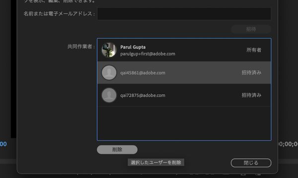 「削除」ボタンを使用して、チームプロジェクトから共同作業者を削除します。